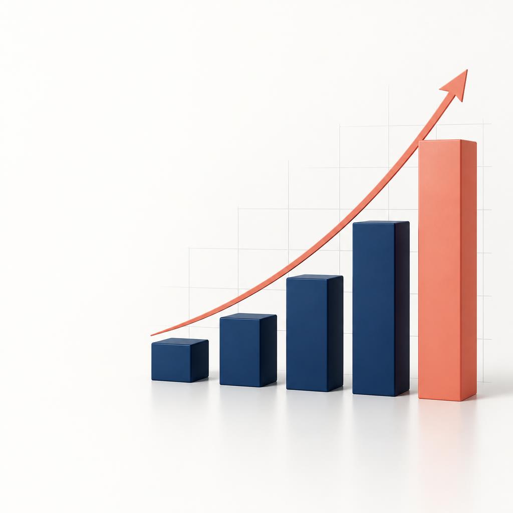 An abstract ascending bar chart with a rising growth arrow in navy and coral on a warm cream background